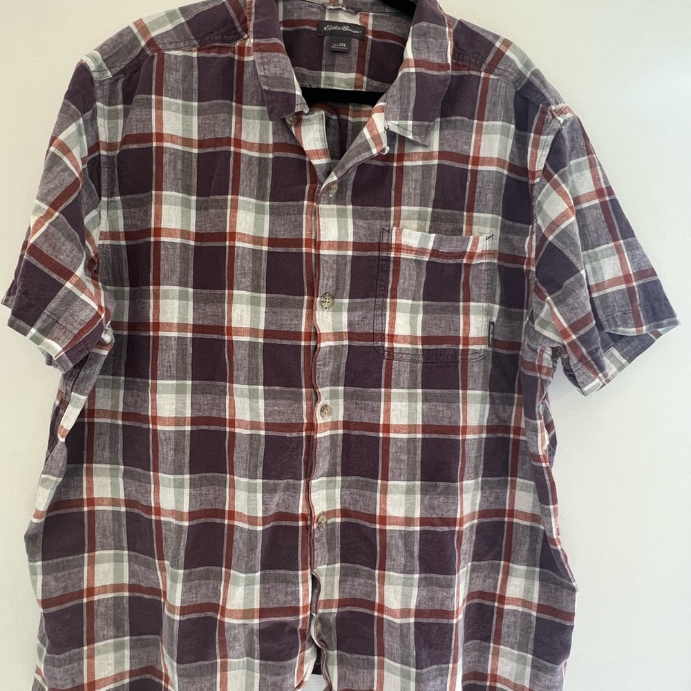✅ Eddie Bauer 2XL linen cotton blend Plaid short sleeve Button-Down Shirt summer